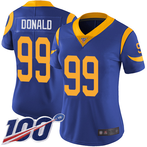 Rams #99 Aaron Donald Royal Blue Alternate Women's Stitched 100th Season Vapor Limited Jersey