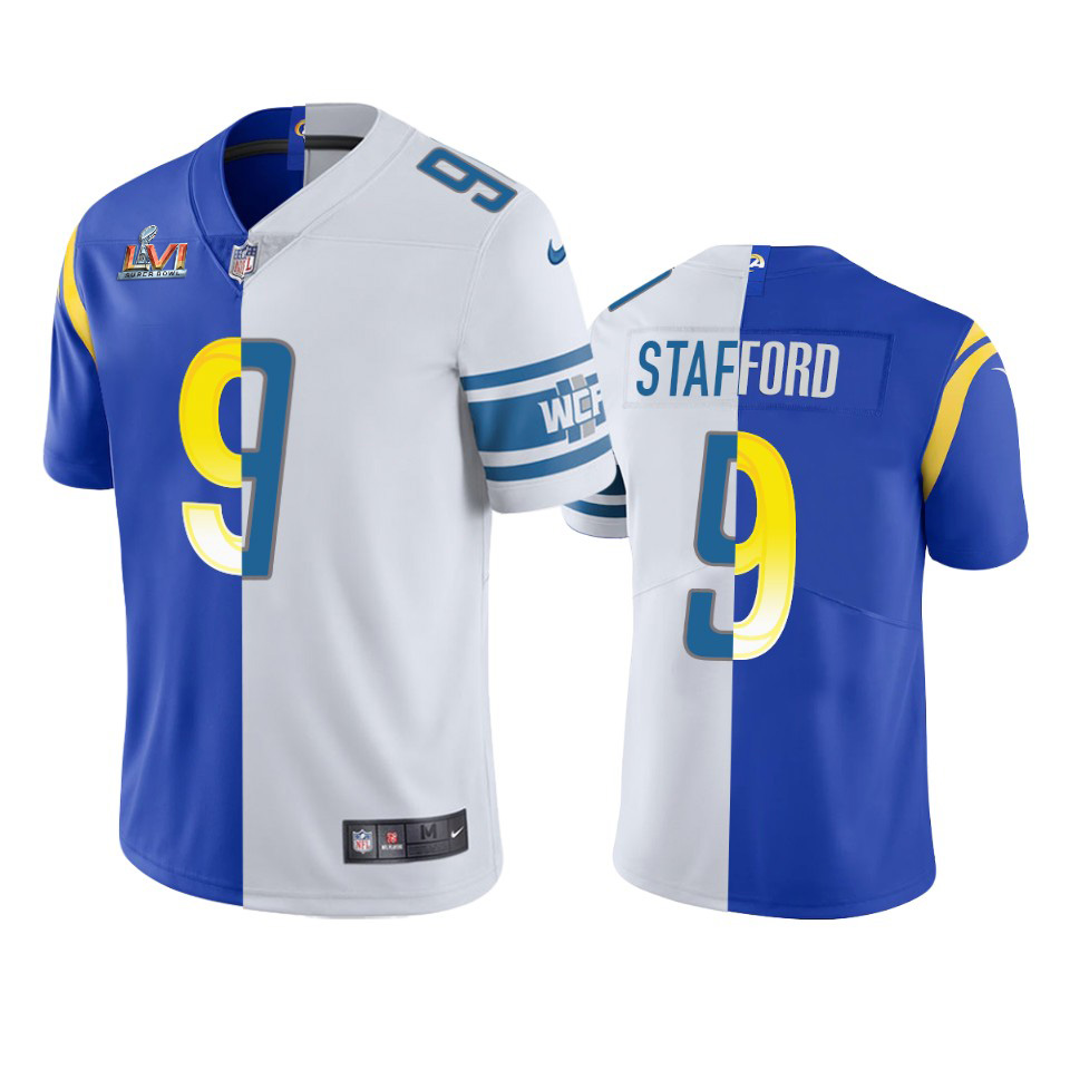 Los Angeles Rams #9 Matthew Stafford Men's Super Bowl LVI Patch Royal White Split Game Limited Jersey