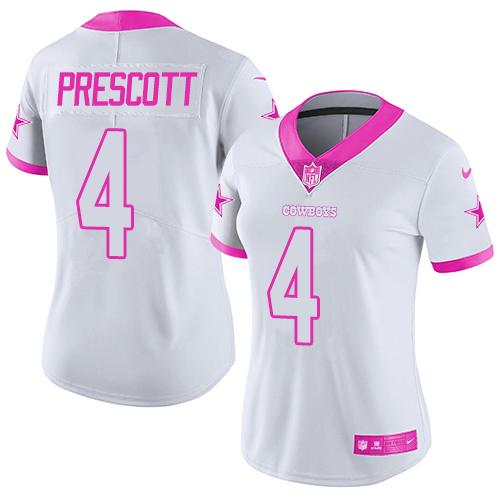 Cowboys #4 Dak Prescott White/Pink Women's Stitched Limited Rush Fashion Jersey