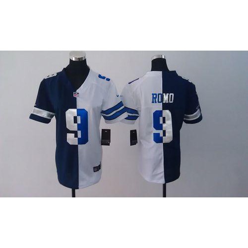 Dallas Cowboys #9 Tony Romo Navy Blue/White Women's Stitched Elite Split Jersey Womens