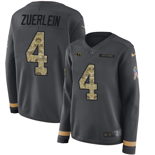 Los Angeles Rams #4 Greg Zuerlein Anthracite Salute to Service Women's Stitched Limited Therma Long Sleeve Jersey Womens
