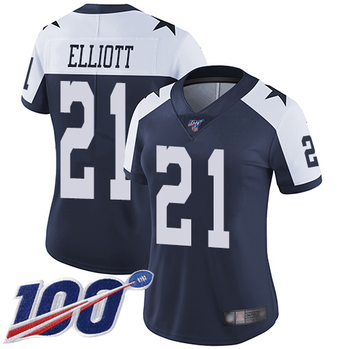 Cowboys #21 Ezekiel Elliott Navy Blue Thanksgiving Women's Stitched 100th Season Vapor Throwback Limited Jersey