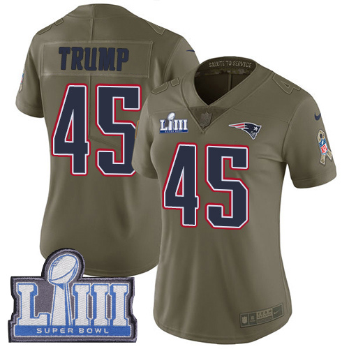New England Patriots #45 Donald Trump Olive Super Bowl LIII Bound Women's Stitched Limited 2017 Salute to Service Jersey Womens
