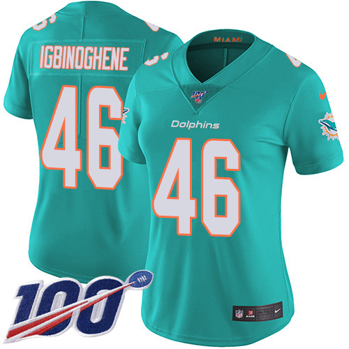 Miami Dolphins #46 Noah Igbinoghene Aqua Green Team Color Women's Stitched 100th Season Vapor Untouchable Limited Jersey Womens