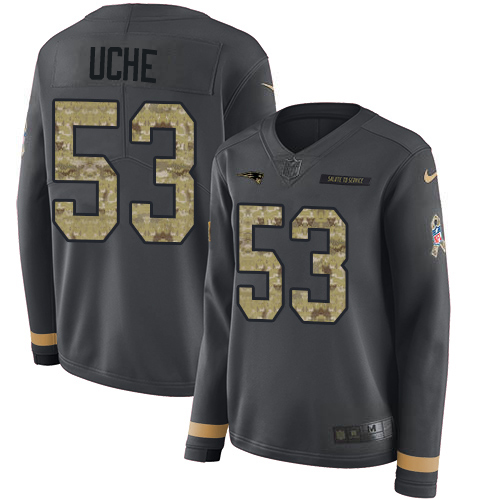New England Patriots #53 Josh Uche Anthracite Salute to Service Women's Stitched Limited Therma Long Sleeve Jersey Womens