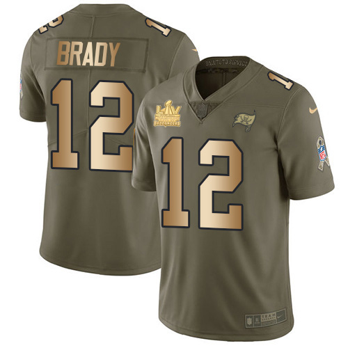 Buccaneers #12 Tom Brady Olive/Gold Youth Super Bowl LV Champions Patch Stitched Limited 2017 Salute To Service Jersey