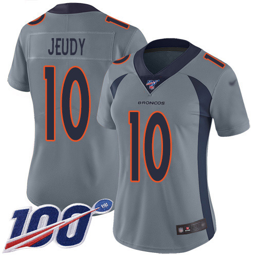 Broncos #10 Jerry Jeudy Gray Women's Stitched Limited Inverted Legend 100th Season Jersey