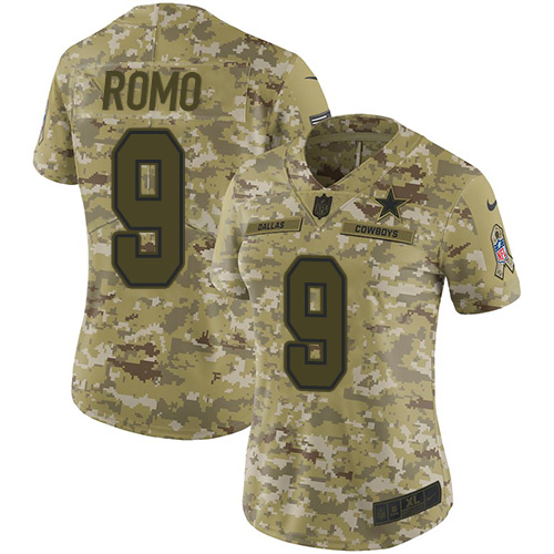 Dallas Cowboys #9 Tony Romo Camo Women's Stitched Limited 2018 Salute to Service Jersey Womens