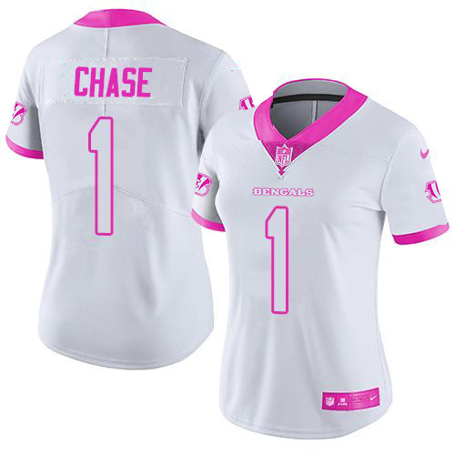Bengals #1 Ja'Marr Chase White/Pink Women's Stitched Limited Rush Fashion Jersey