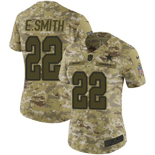 Cowboys #22 Emmitt Smith Camo Women's Stitched Limited 2018 Salute To Service Jersey