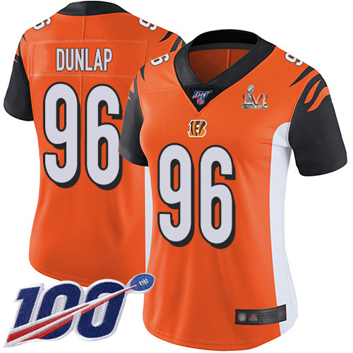 Cincinnati Bengals #96 Carlos Dunlap Orange Super Bowl LVI Patch Alternate Women's Stitched 100th Season Vapor Untouchable Limited Jersey Womens