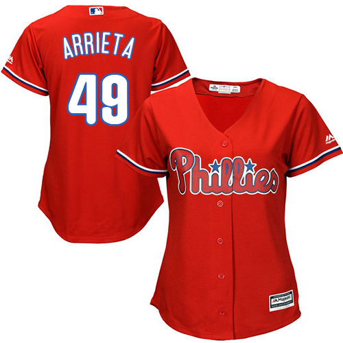 Philadelphia Phillies #49 Jake Arrieta Red Alternate Women's Stitched Jersey Womens