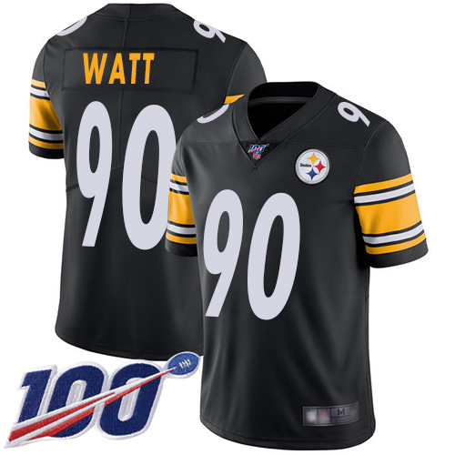 Steelers #90 T. J. Watt Black Team Color Youth Stitched 100th Season Vapor Limited Jersey