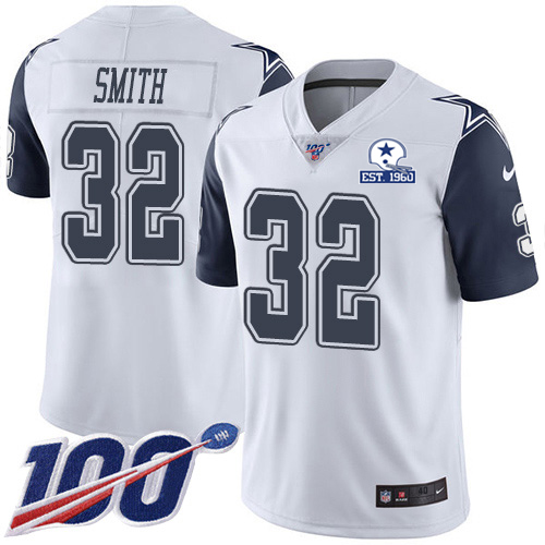 Dallas Cowboys #32 Saivion Smith White Men's Stitched With Established In 1960 Patch Limited Rush 100th Season Jersey Men's