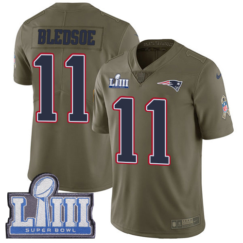 New England Patriots #11 Drew Bledsoe Olive Super Bowl LIII Bound Men's Stitched Limited 2017 Salute To Service Jersey Men's
