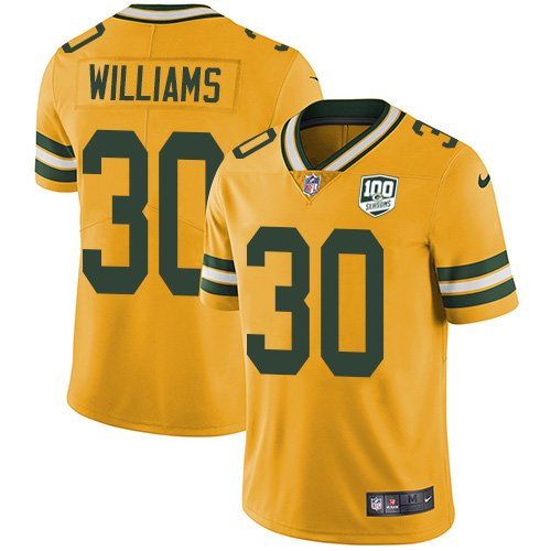 Green Bay Packers #30 Jamaal Williams Yellow Men's 100th Season Stitched Limited Rush Jersey Men's