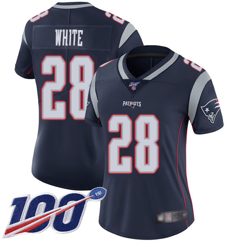 New England Patriots #28 James White Navy Blue Team Color Women's Stitched 100th Season Vapor Limited Jersey Womens