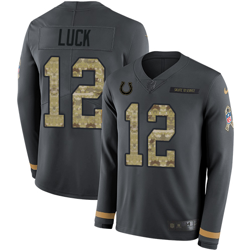 Indianapolis Colts #12 Andrew Luck Anthracite Salute to Service Men's Stitched Limited Therma Long Sleeve Jersey Men's