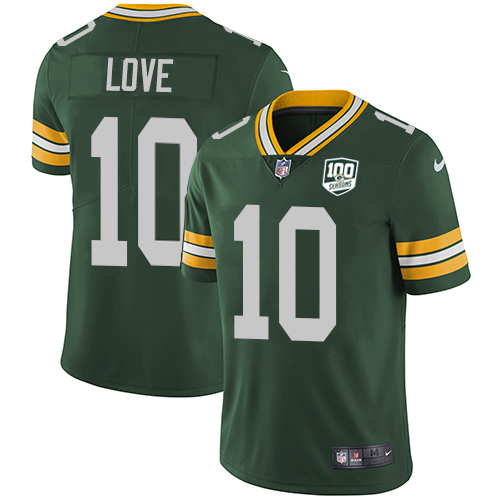 Packers #10 Jordan Love Green Team Color Youth 100th Season Stitched Vapor Untouchable Limited Jersey