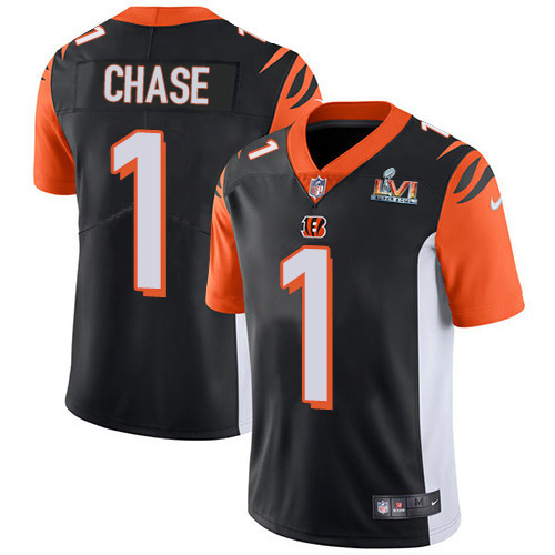 Bengals #1 Ja'Marr Chase Black Team Color Super Bowl LVI Patch Youth Stitched Vapor Untouchable Limited Jersey