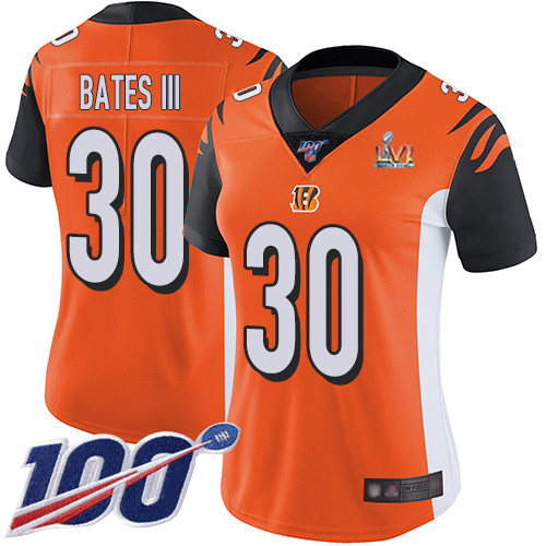 Bengals #30 Jessie Bates Orange Super Bowl LVI Patch Alternate Women's Stitched 100th Season Vapor Untouchable Limited Jersey