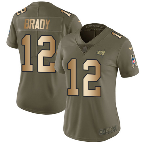 Buccaneers #12 Tom Brady Olive/Gold Women's Stitched Limited 2017 Salute To Service Jersey