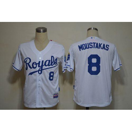 Kansas City Royals #8 Mike Moustakas White Cool Base Stitched Jersey Men's