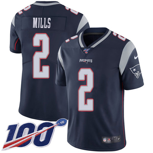 Patriots #2 Jalen Mills Navy Blue Team Color Men's Stitched 100th Season Vapor Limited Jersey