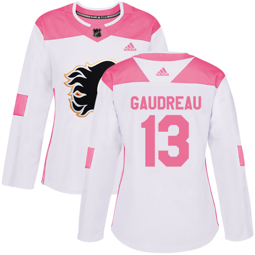 Adidas Calgary Flames #13 Johnny Gaudreau White/Pink Authentic Fashion Women's Stitched Jersey Womens