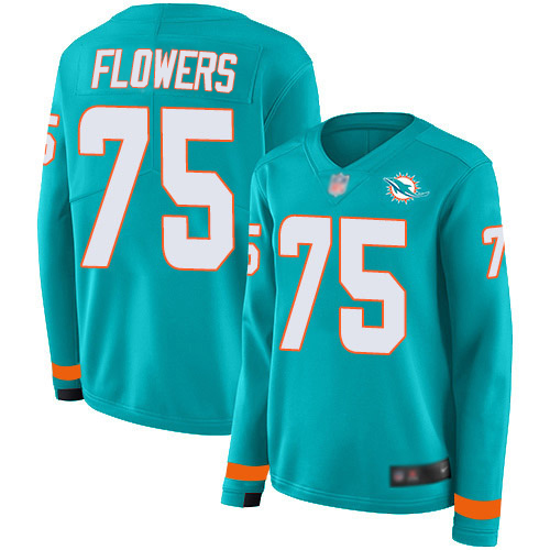 Miami Dolphins #75 Ereck Flowers Aqua Green Team Color Women's Stitched Limited Therma Long Sleeve Jersey Womens