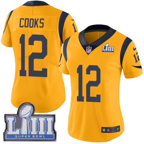 Los Angeles Rams #12 Brandin Cooks Gold Super Bowl LIII Bound Women's Stitched Limited Rush Jersey Womens