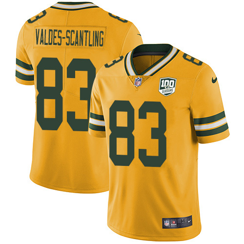 Green Bay Packers #83 Marquez Valdes-Scantling Yellow Men's 100th Season Stitched Limited Rush Jersey Men's