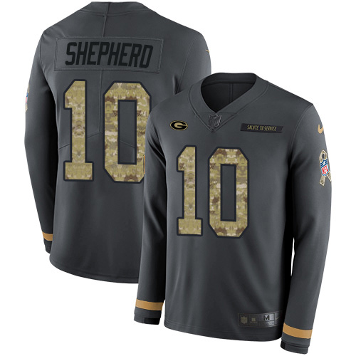 Green Bay Packers #10 Darrius Shepherd Anthracite Salute to Service Men's Stitched Limited Therma Long Sleeve Jersey Men's