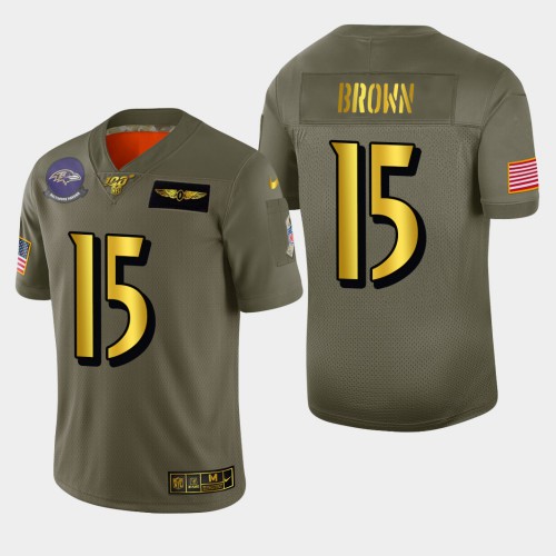 Baltimore Baltimore Ravens #15 Marquise Brown Men's Olive Gold 2019 Salute to Service Limited 100 Jersey Men's