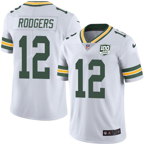 Packers #12 Aaron Rodgers White Youth 100th Season Stitched Vapor Untouchable Limited Jersey