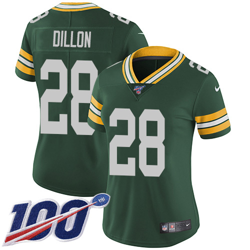 Packers #28 AJ Dillon Green Team Color Women's Stitched 100th Season Vapor Untouchable Limited Jersey