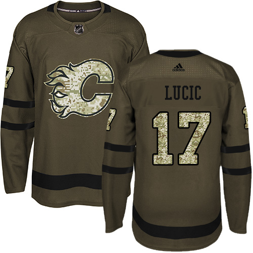 Adidas Calgary Flames #17 Milan Lucic Green Salute to Service Stitched Youth Jersey Youth