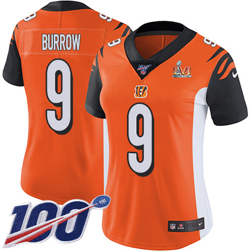 Bengals #9 Joe Burrow Orange Super Bowl LVI Patch Alternate Women's Stitched 100th Season Vapor Untouchable Limited Jersey