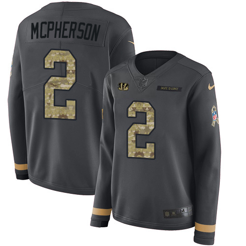 Bengals #2 Evan McPherson Anthracite Salute To Service Women's Stitched Limited Therma Long Sleeve Jersey