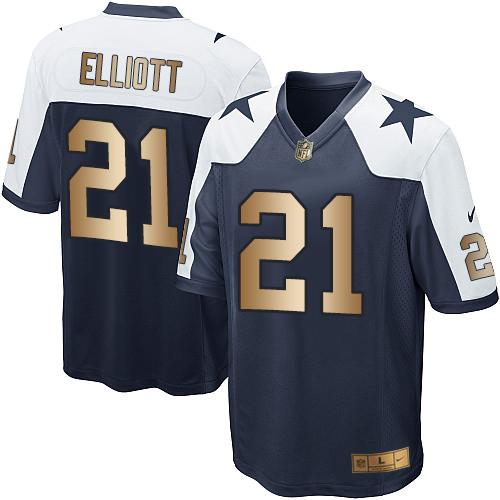 Cowboys #21 Ezekiel Elliott Navy Blue Thanksgiving Throwback Youth Stitched Elite Gold Jersey