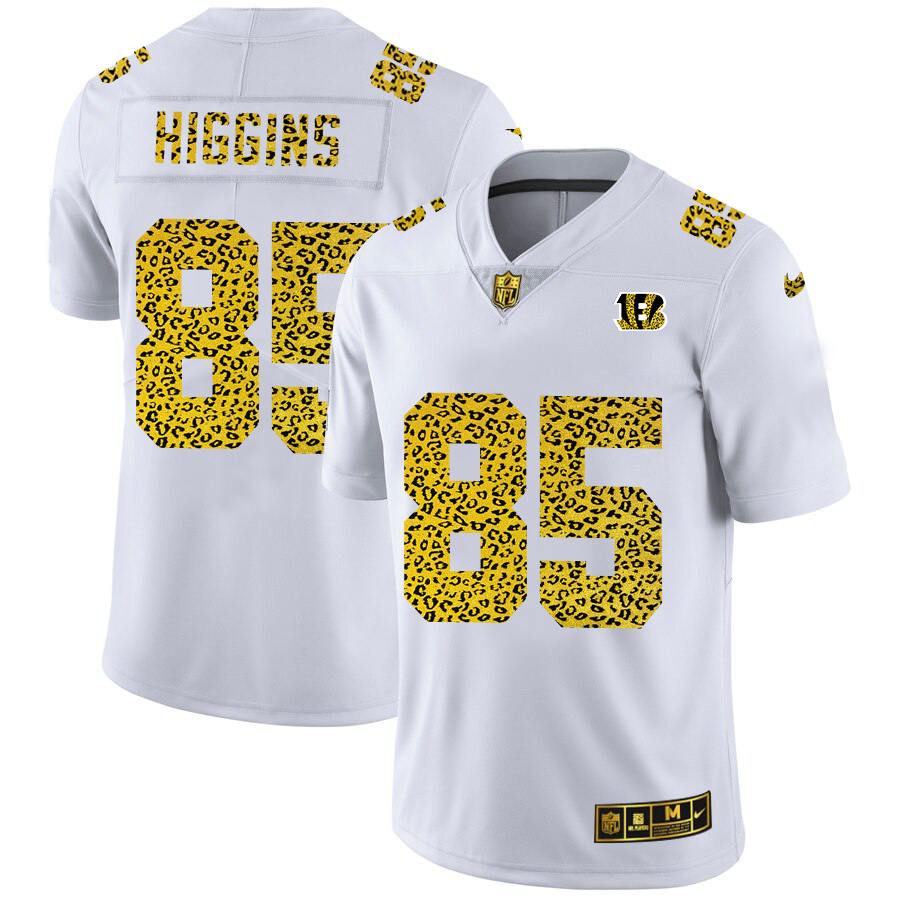 Cincinnati Bengals #85 Tee Higgins Men's Flocked Leopard Print Vapor Limited Jersey White