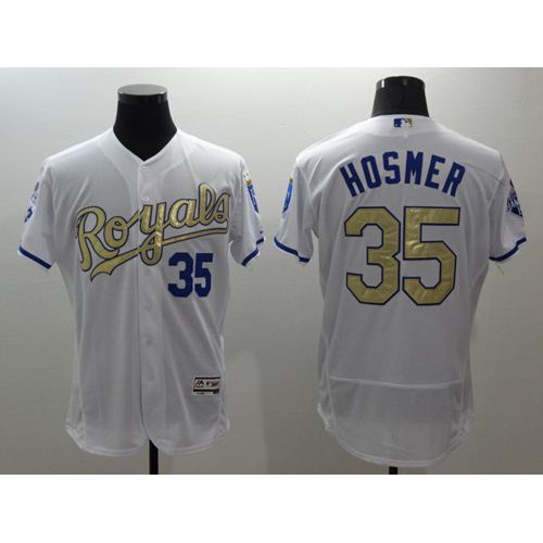 Kansas City Royals #35 Eric Hosmer White 2015 World Series Champions Gold Program FlexBase Authentic Stitched Jersey Men's