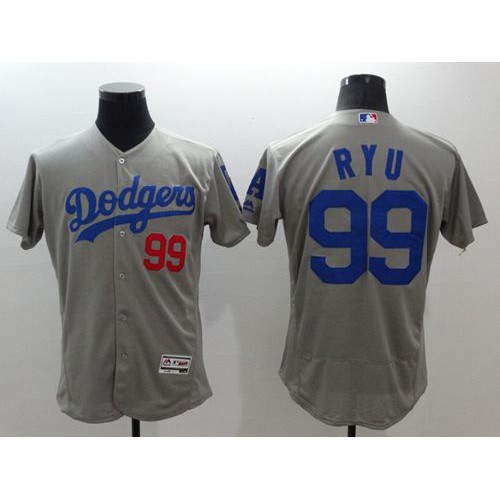 Los Angeles Dodgers #99 Hyun-Jin Ryu Grey Flexbase Authentic Collection Stitched Jersey Men's