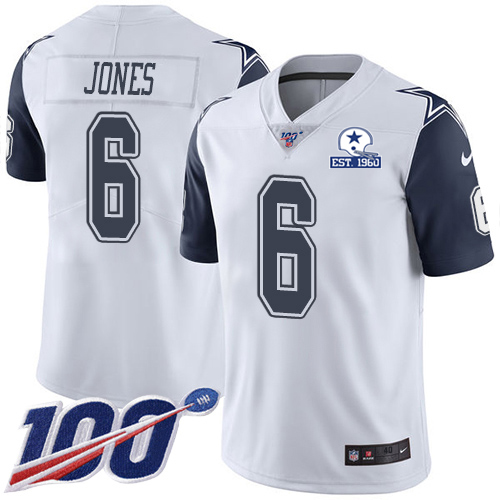Dallas Cowboys #6 Chris Jones White Men's Stitched With Established In 1960 Patch Limited Rush 100th Season Jersey Men's