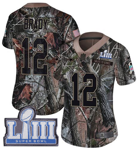 Patriots #12 Tom Brady Camo Super Bowl LIII Bound Women's Stitched Limited Rush Realtree Jersey
