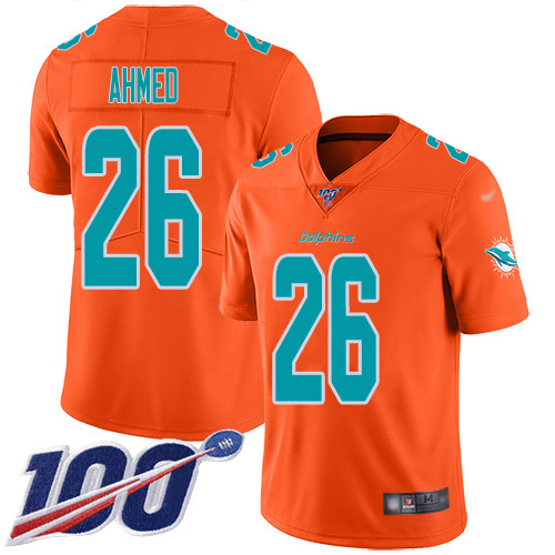 Miami Dolphins #26 Salvon Ahmed Orange Men's Stitched Limited Inverted Legend 100th Season Jersey Men's
