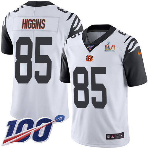 Bengals #85 Tee Higgins White Super Bowl LVI Patch Youth Stitched Limited Rush 100th Season Jersey