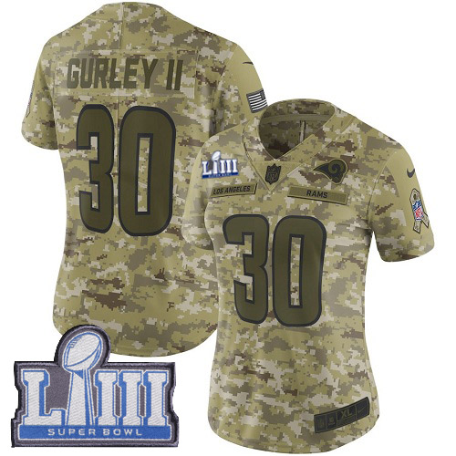 Los Angeles Rams #30 Todd Gurley II Camo Super Bowl LIII Bound Women's Stitched Limited 2018 Salute to Service Jersey Womens