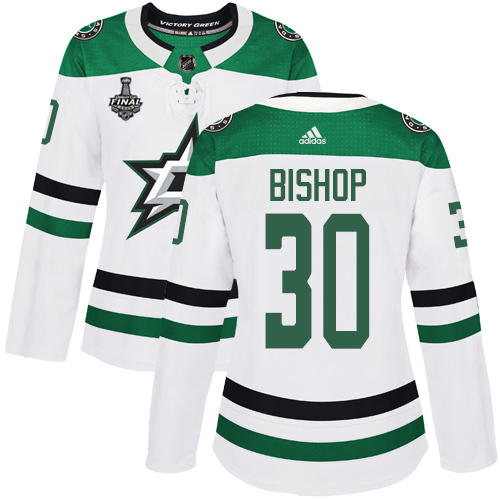 Adidas Dallas Stars #30 Ben Bishop White Road Authentic Women's 2020 Stanley Cup Final Stitched Jersey Womens