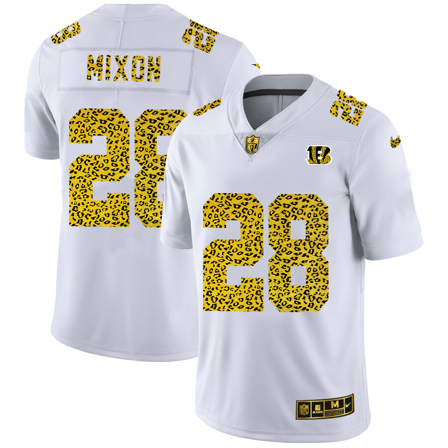 Cincinnati Bengals #28 Joe Mixon Men's Flocked Leopard Print Vapor Limited Jersey White